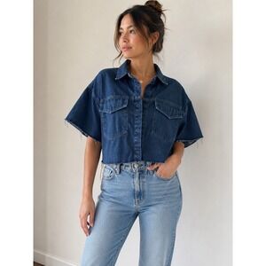 4th & Reckless Blue Denim Cropped Short Sleeve Shirt Raw Hem XS